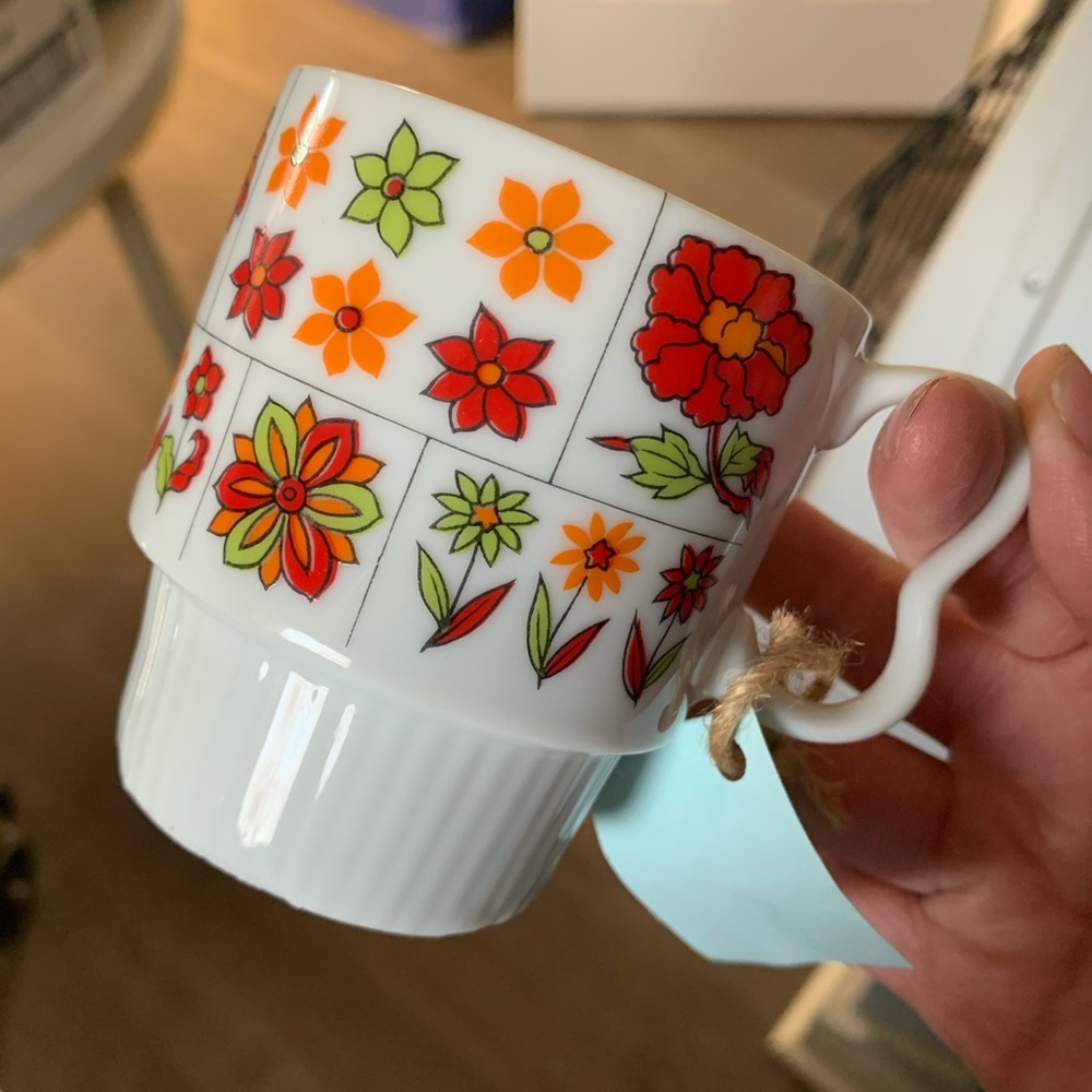 Small Vintage Stackable Tea/Coffee Cup Made in Japan Red Orange Green Florals